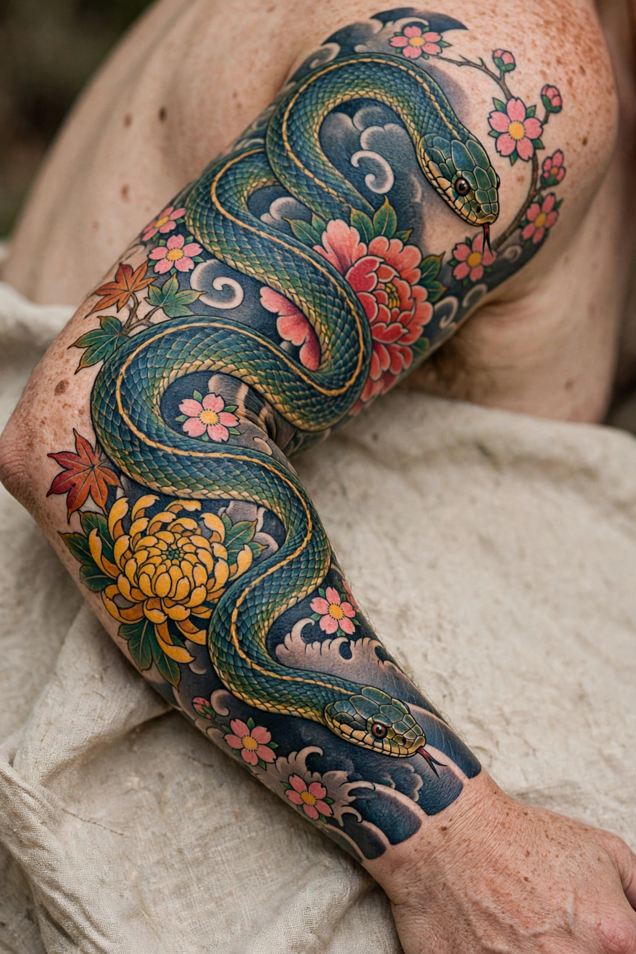 Japanese style snake tattoo with flowers on a full arm