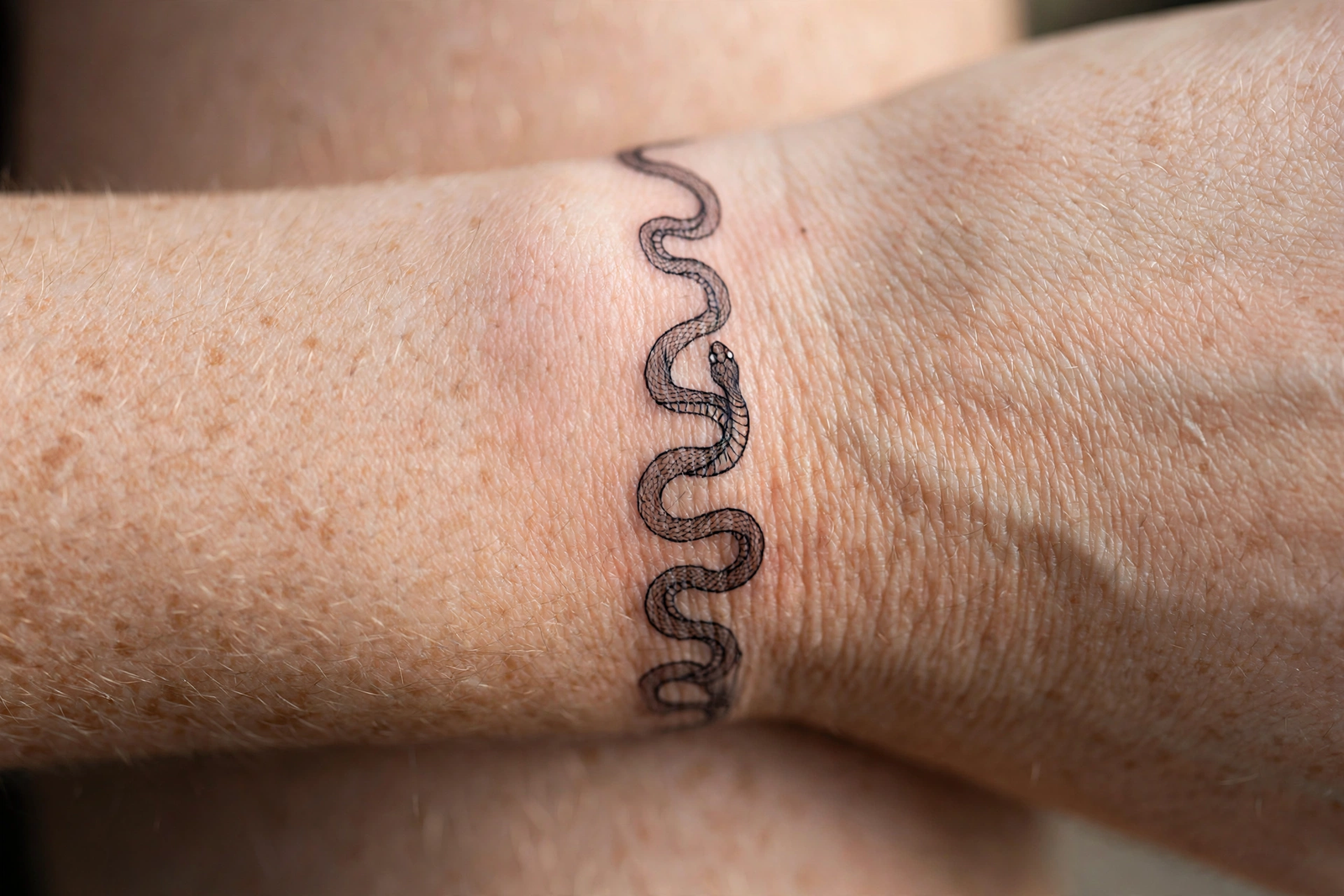Small snake tattoo wrapped around a wrist