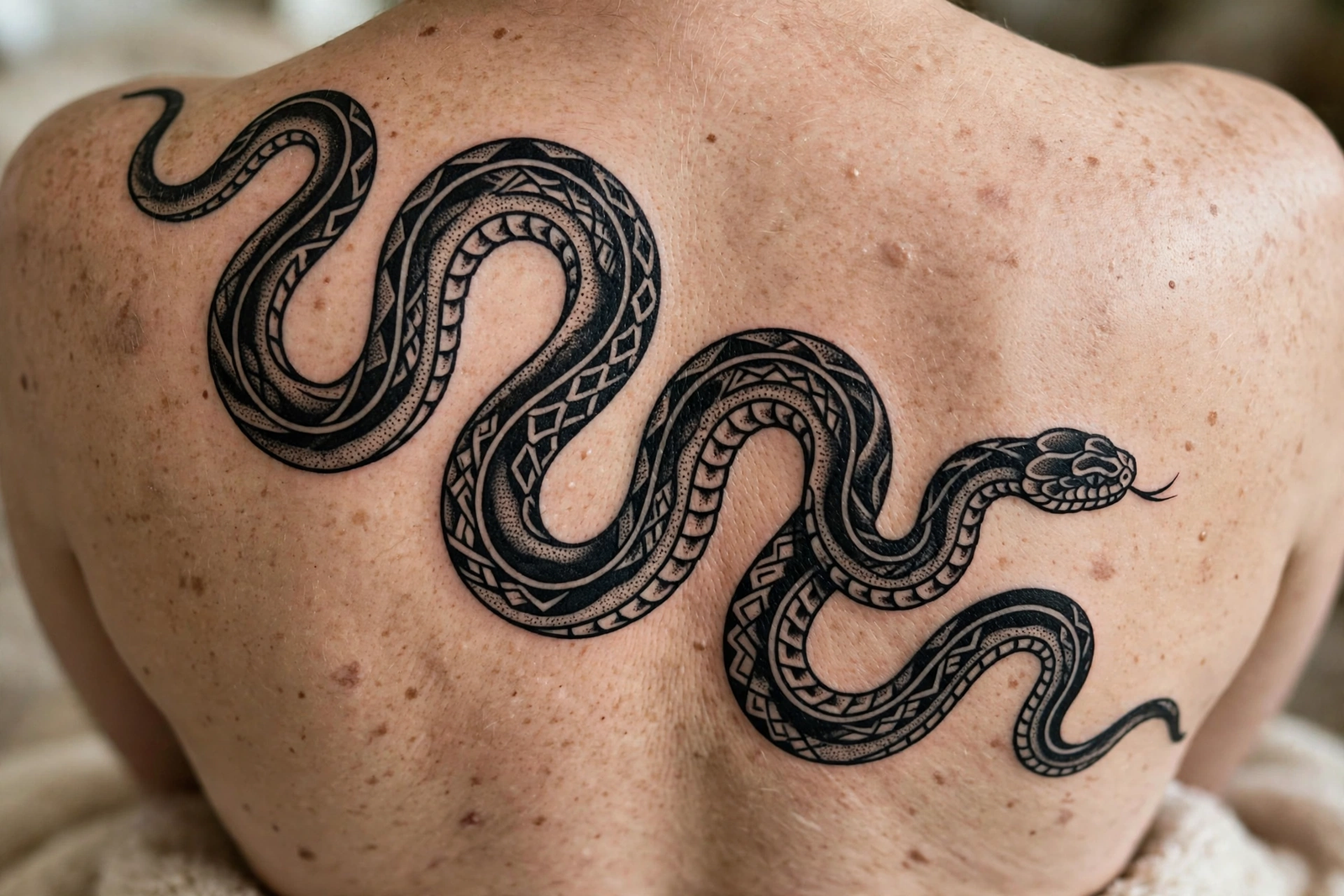 Large snake tattoo winding across a back