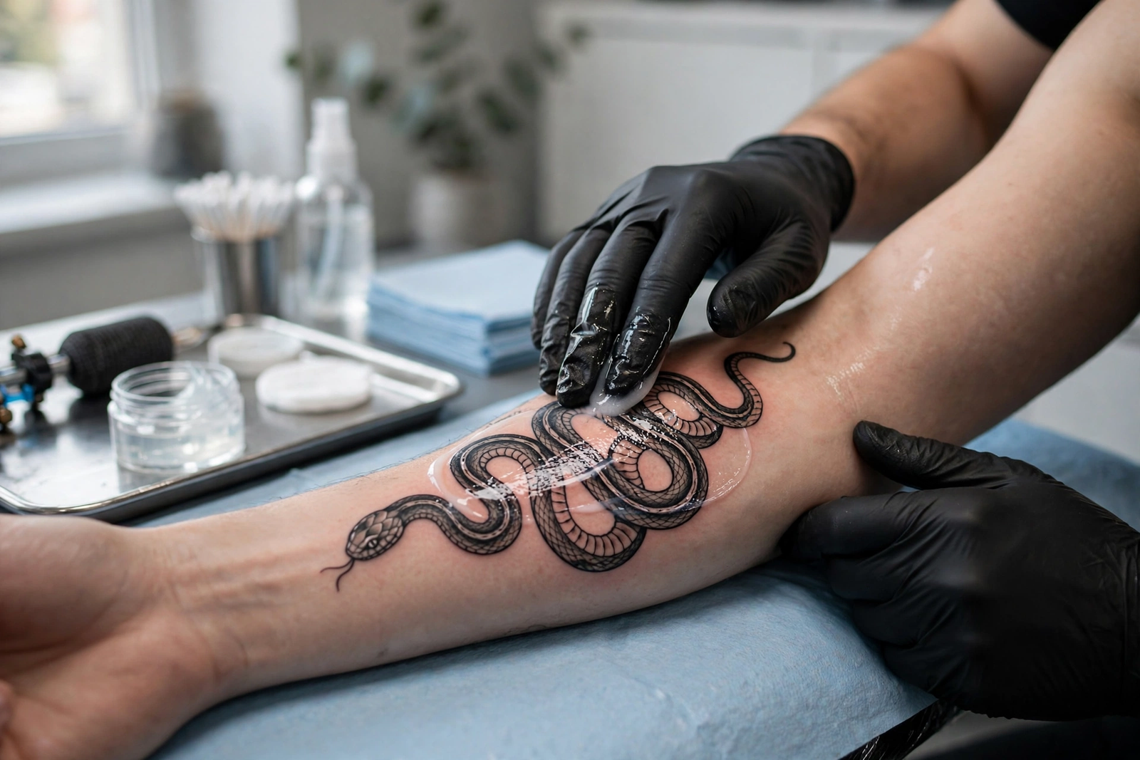 Fresh snake tattoo being cared for after a session