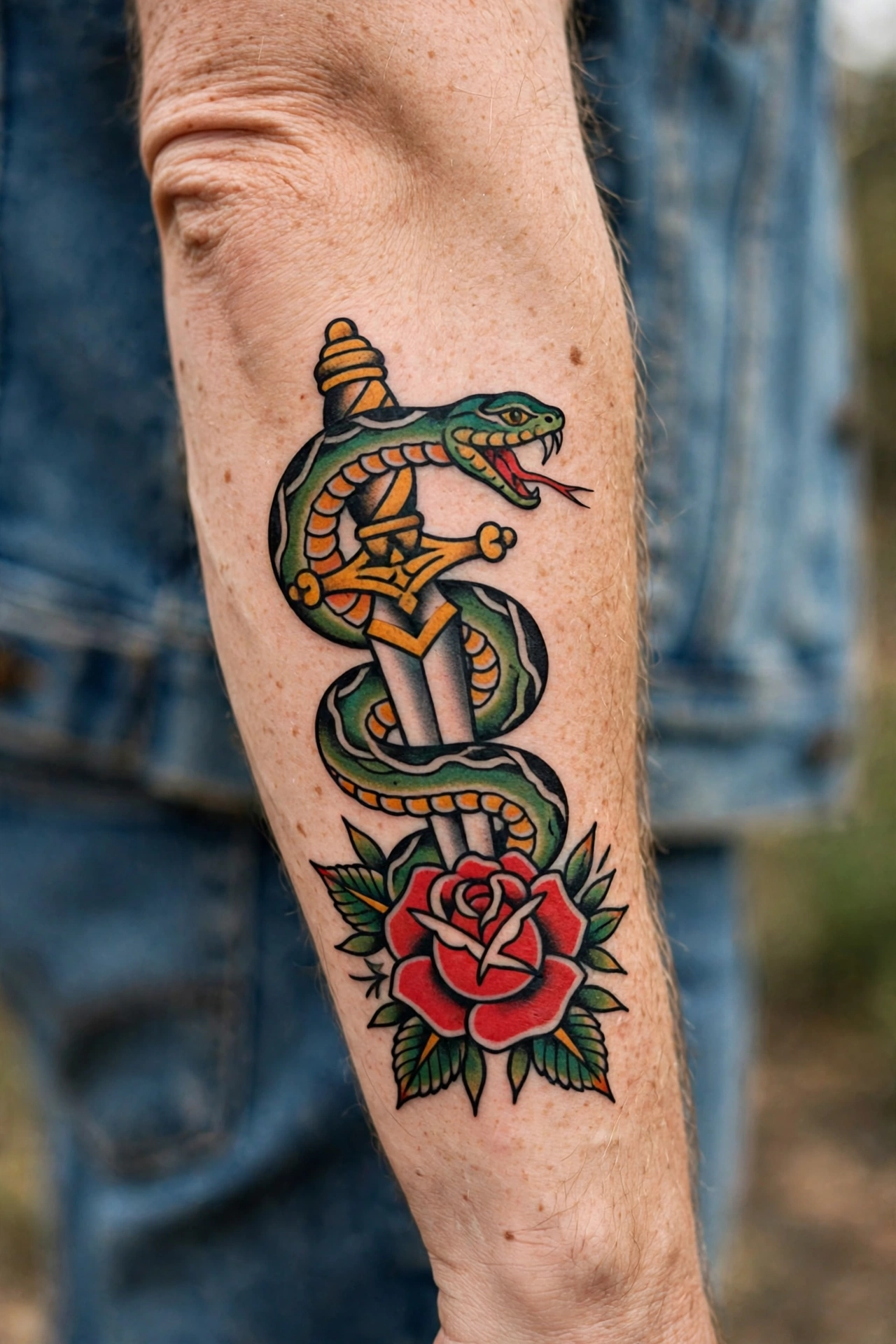 Snake tattoo with dagger and rose in traditional style