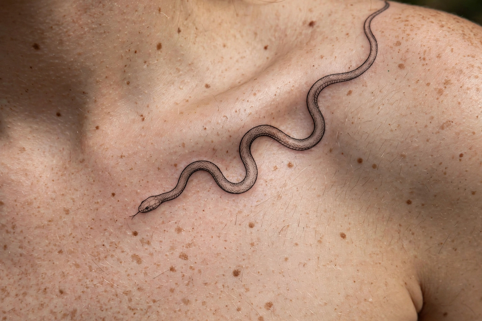 Fine-line snake tattoo on a collarbone