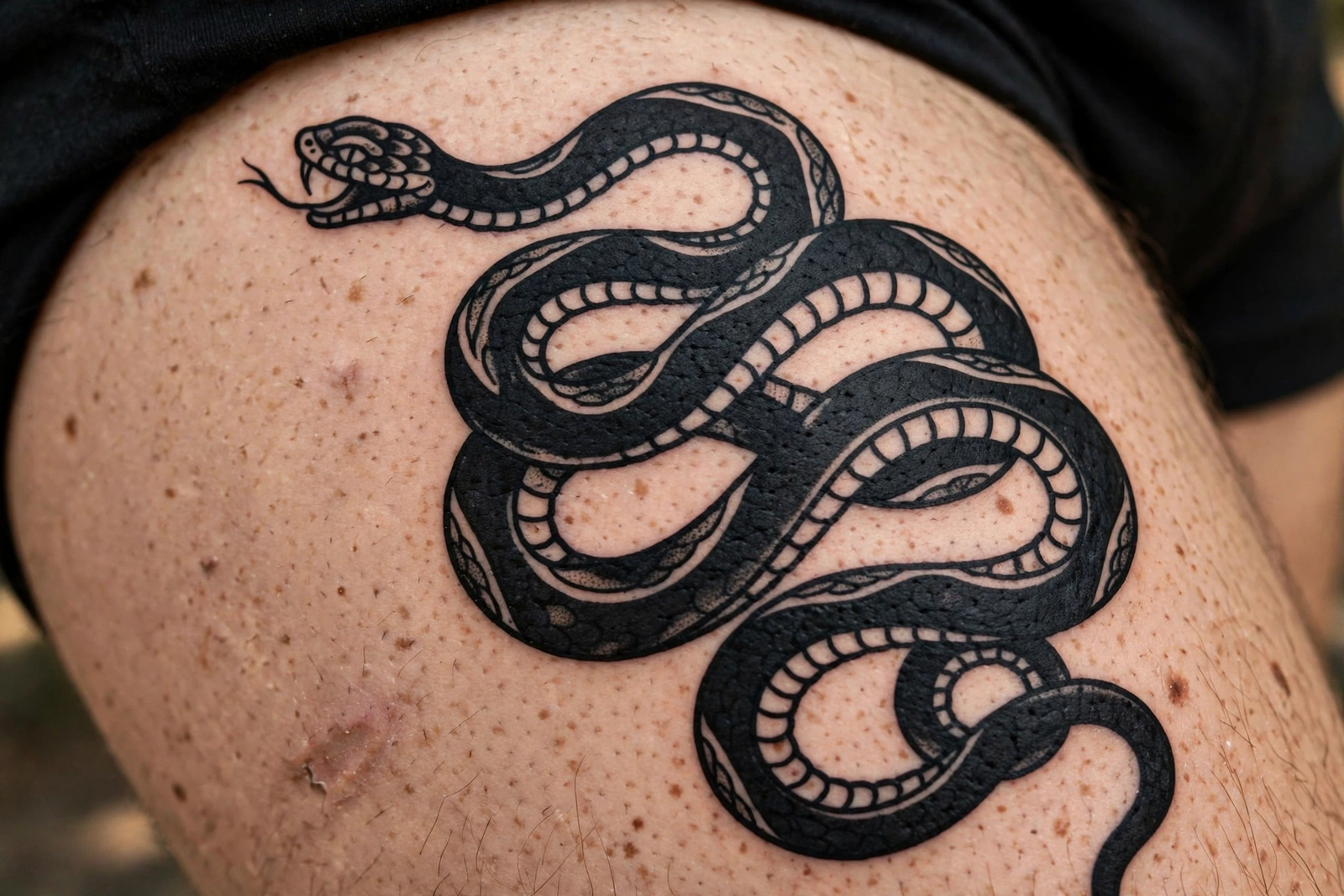 Blackwork snake tattoo coiled on a thigh
