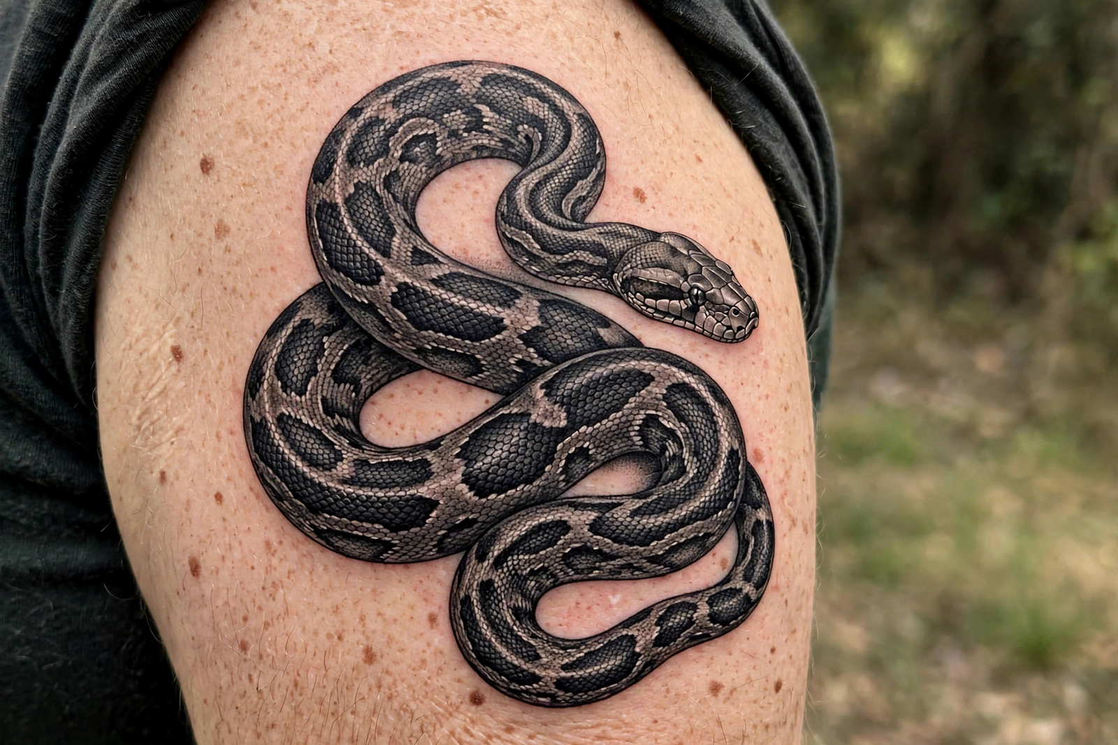 Realistic python tattoo with detailed scales on an arm