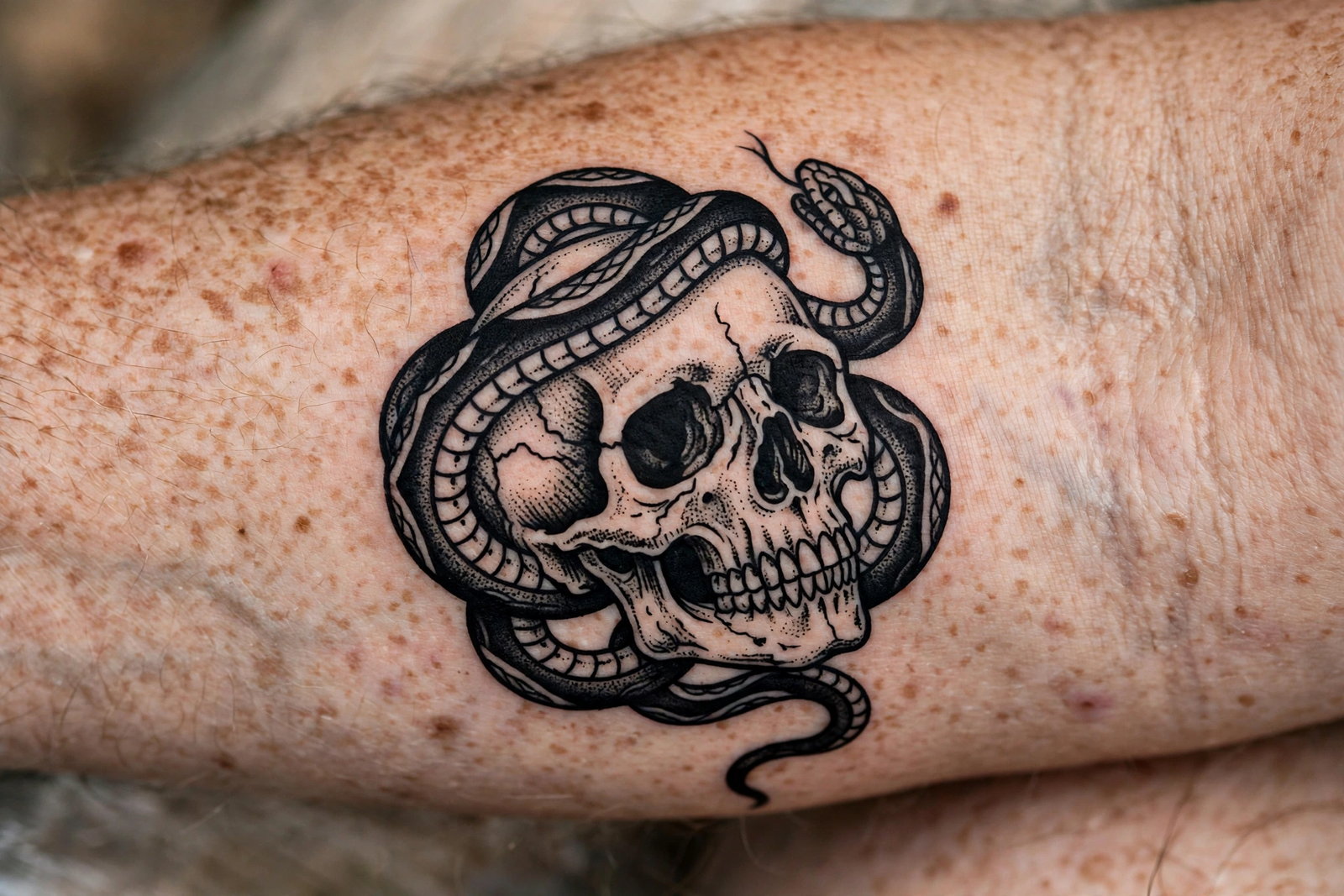 Snake and skull tattoo design in blackwork