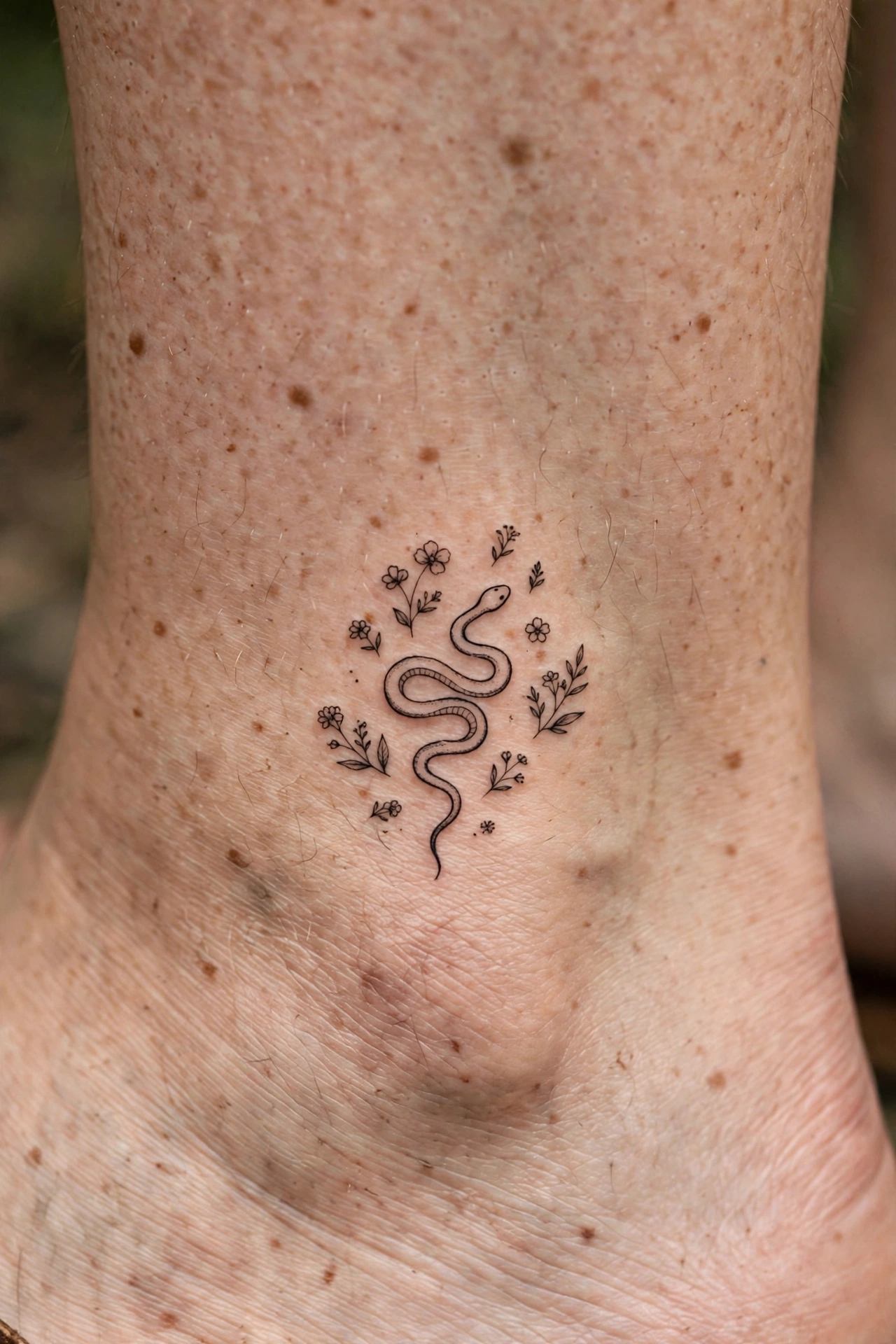 Small snake tattoo on an ankle with flowers