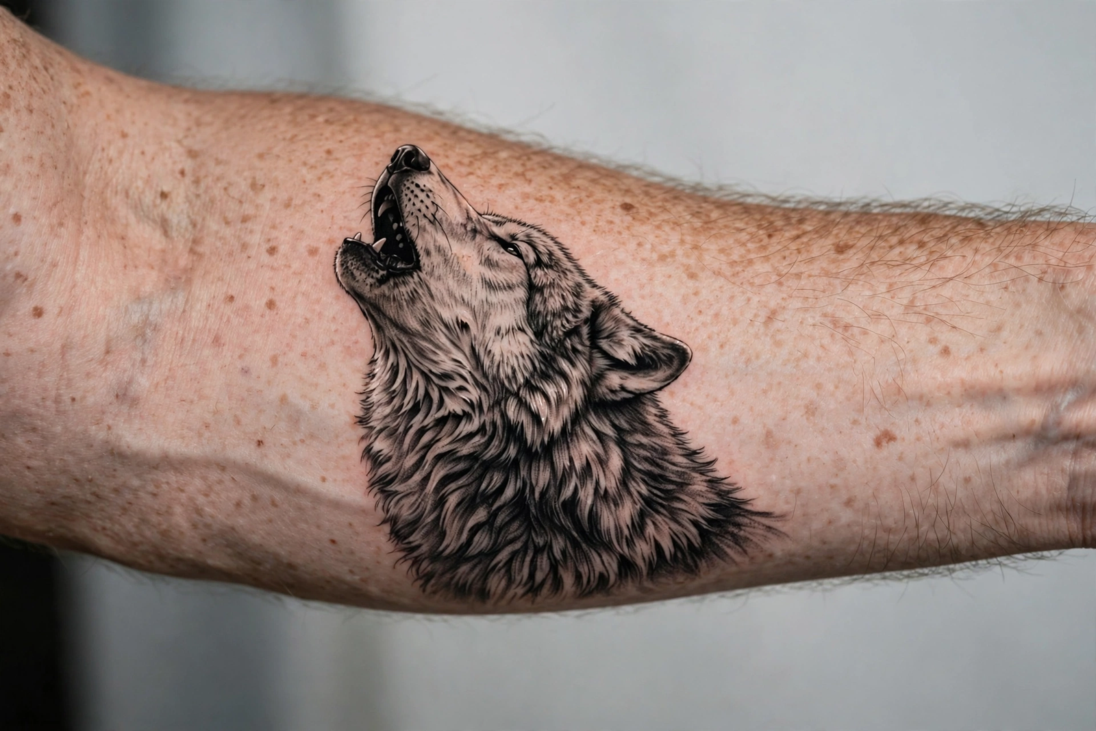 Realistic grey wolf tattoo howling on a man's forearm