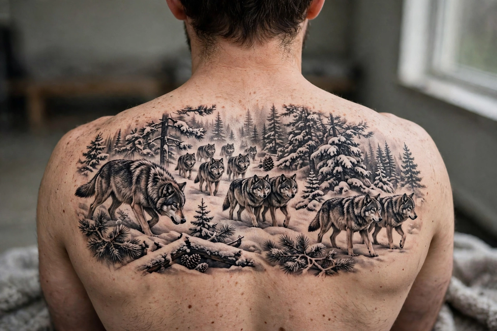 Wolf pack tattoo walking through snowy pine forest on a back