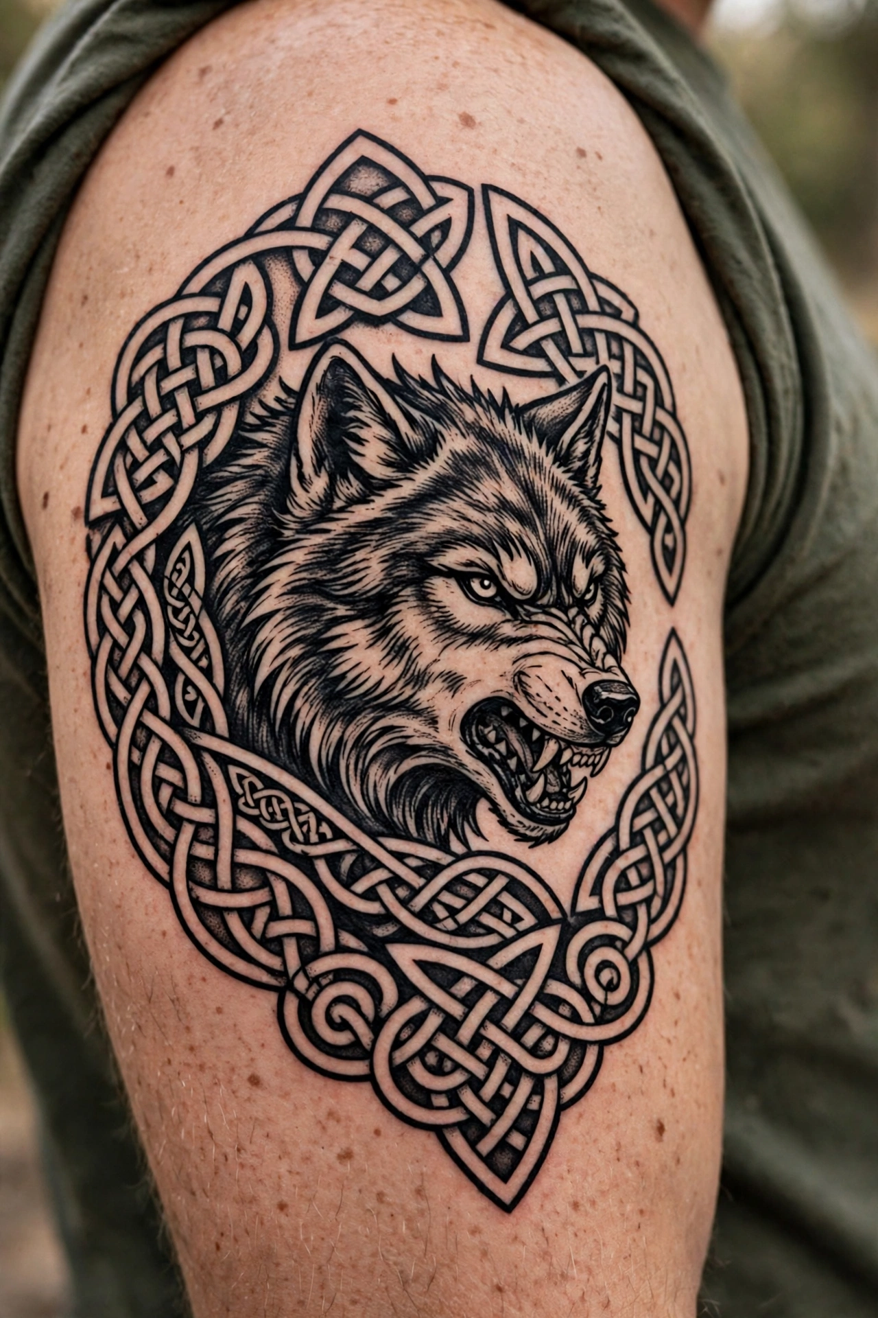 Norse style wolf tattoo with runes and knotwork on an upper arm