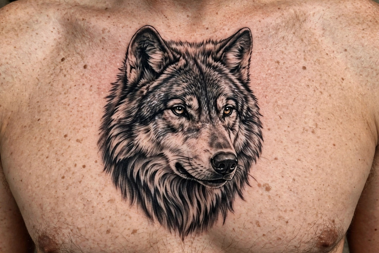 Realistic black and grey wolf portrait tattoo on a chest