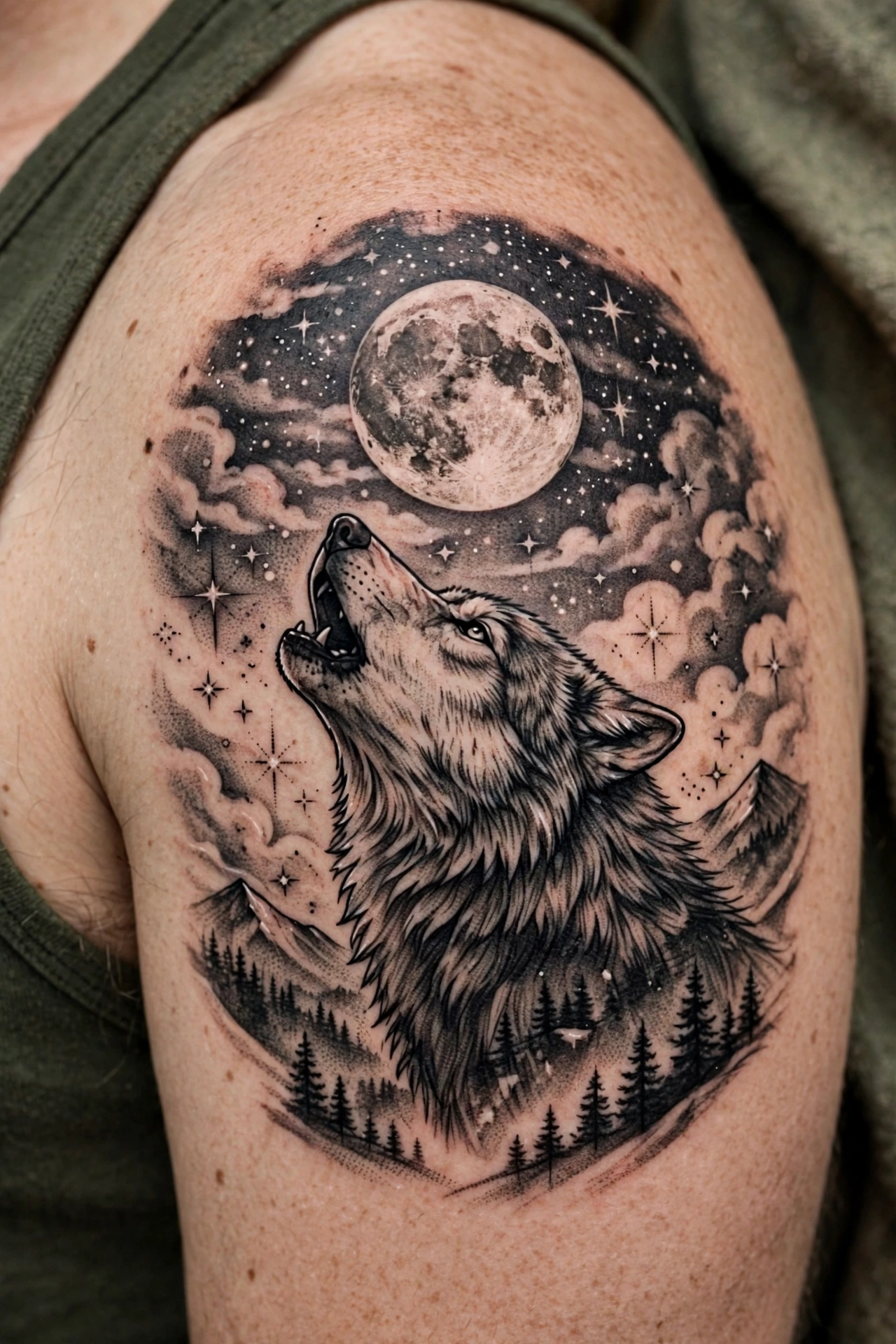 Wolf howling at a full moon tattoo with stars on a shoulder