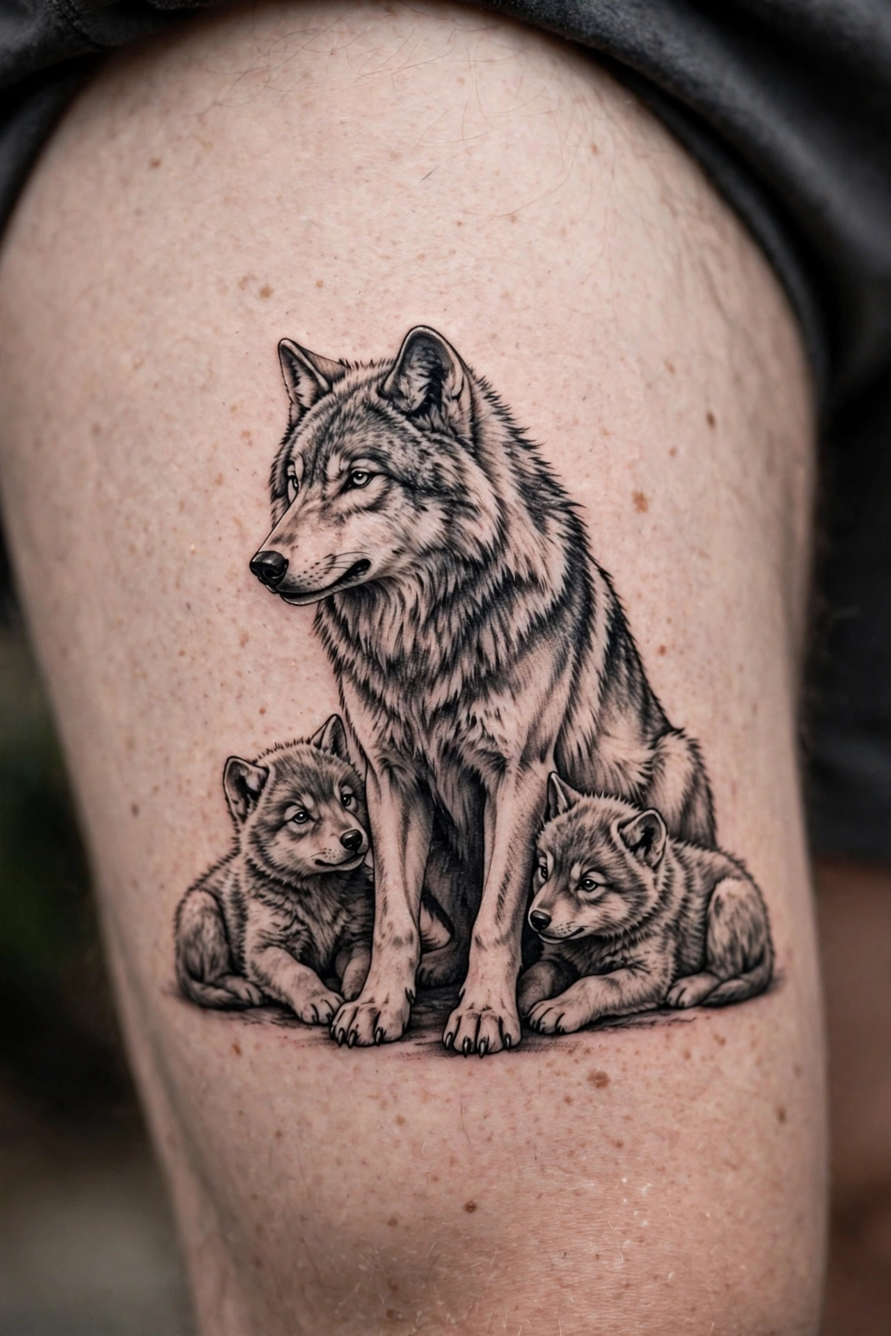 Mother wolf with two cubs tattoo on a thigh