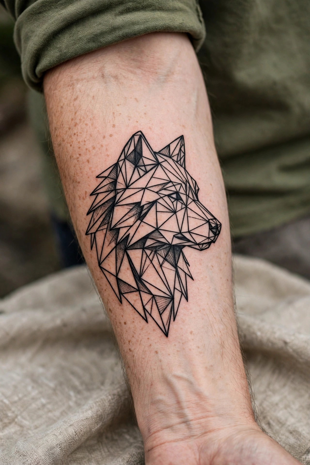 Geometric wolf head tattoo on an inner forearm