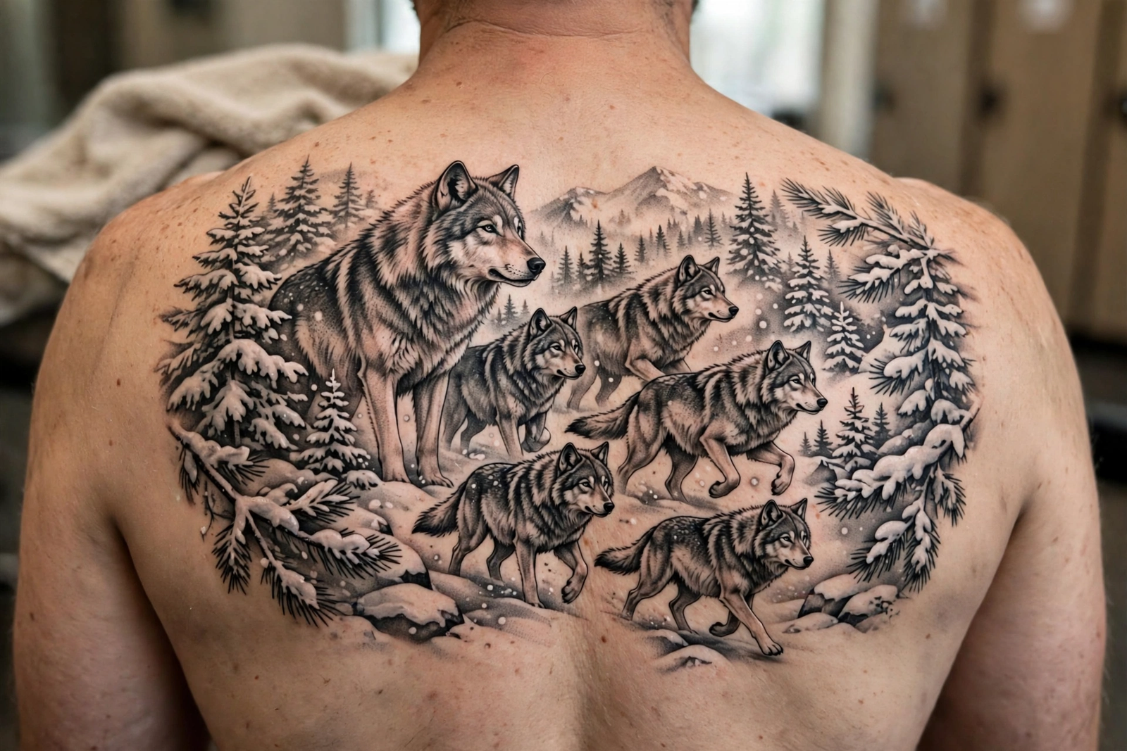 Large wolf pack scene tattoo across an upper back