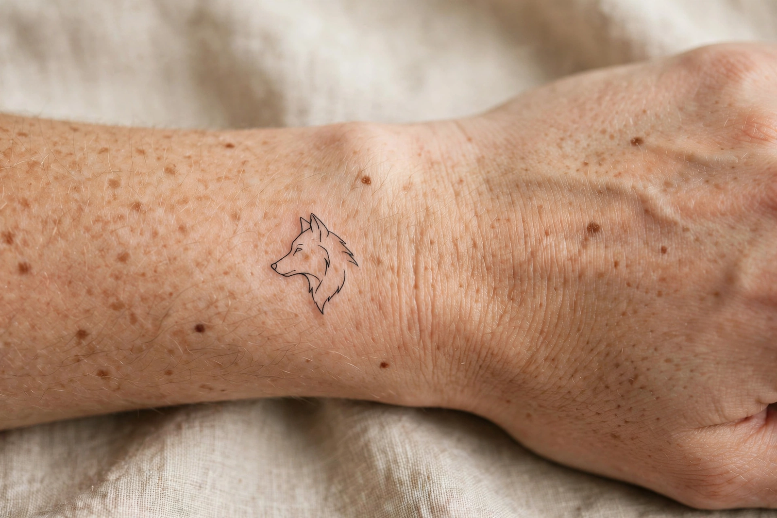 Small minimal wolf outline tattoo on a wrist