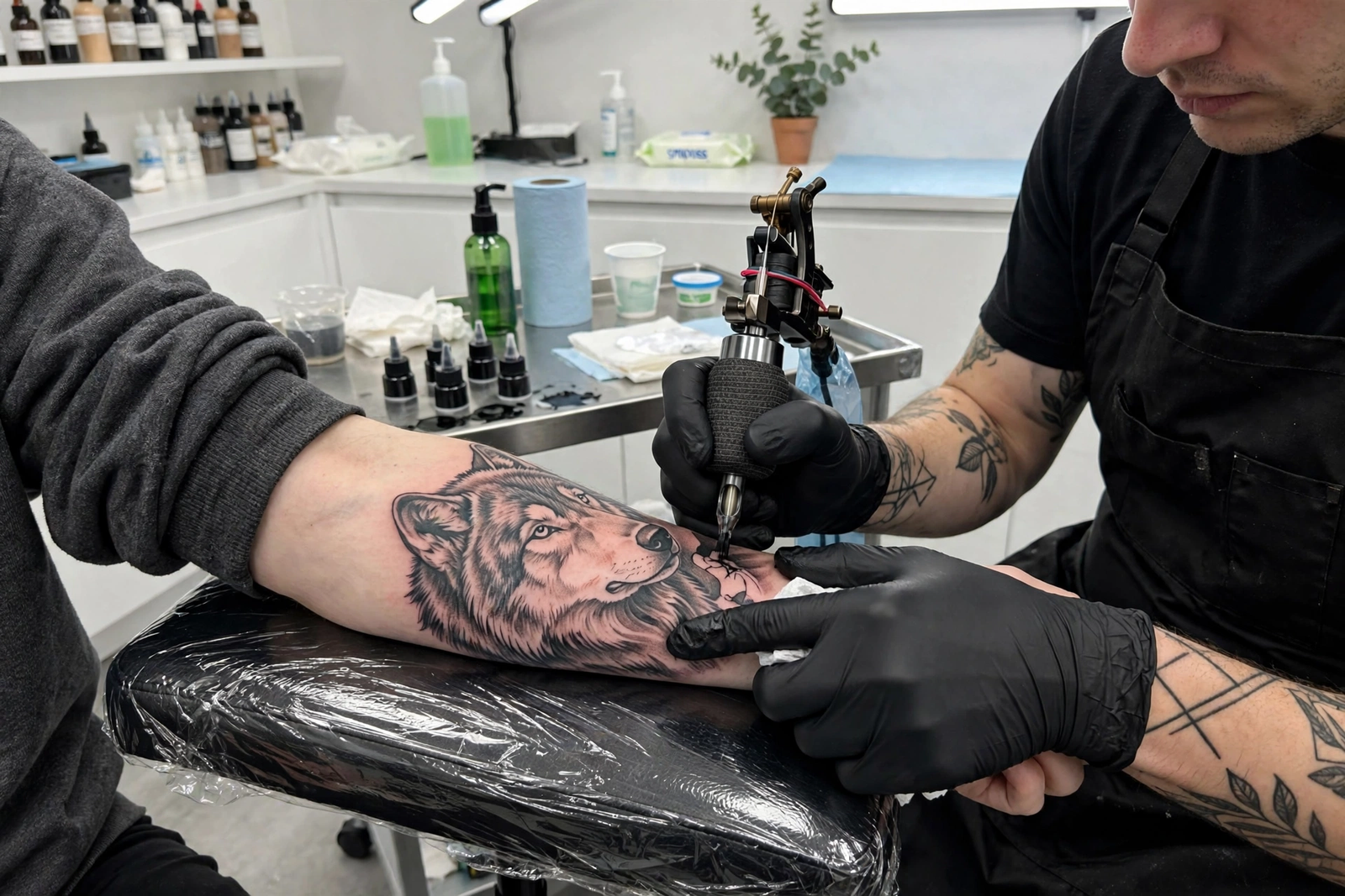 Tattoo artist shading a large wolf tattoo in a studio