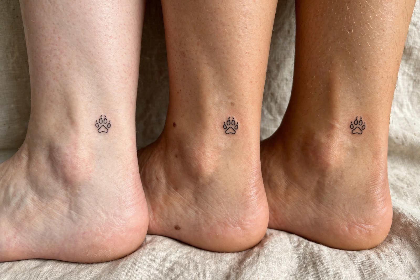 Three matching small wolf paw tattoos on friends' ankles