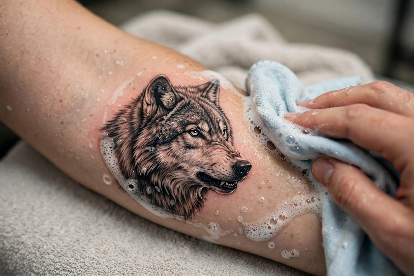 Fresh wolf tattoo being gently washed during aftercare