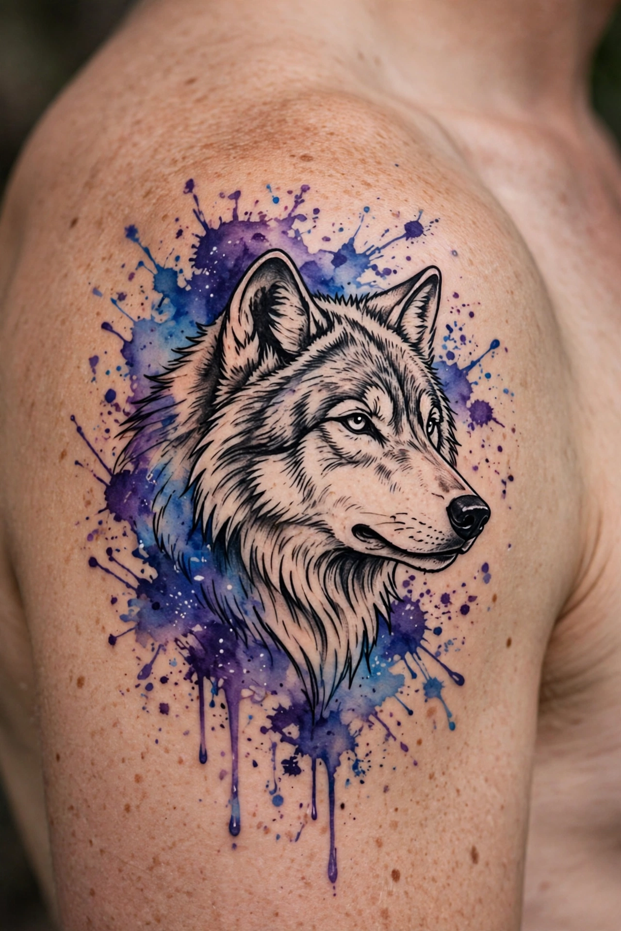 Watercolour wolf tattoo with blue and purple night sky splashes