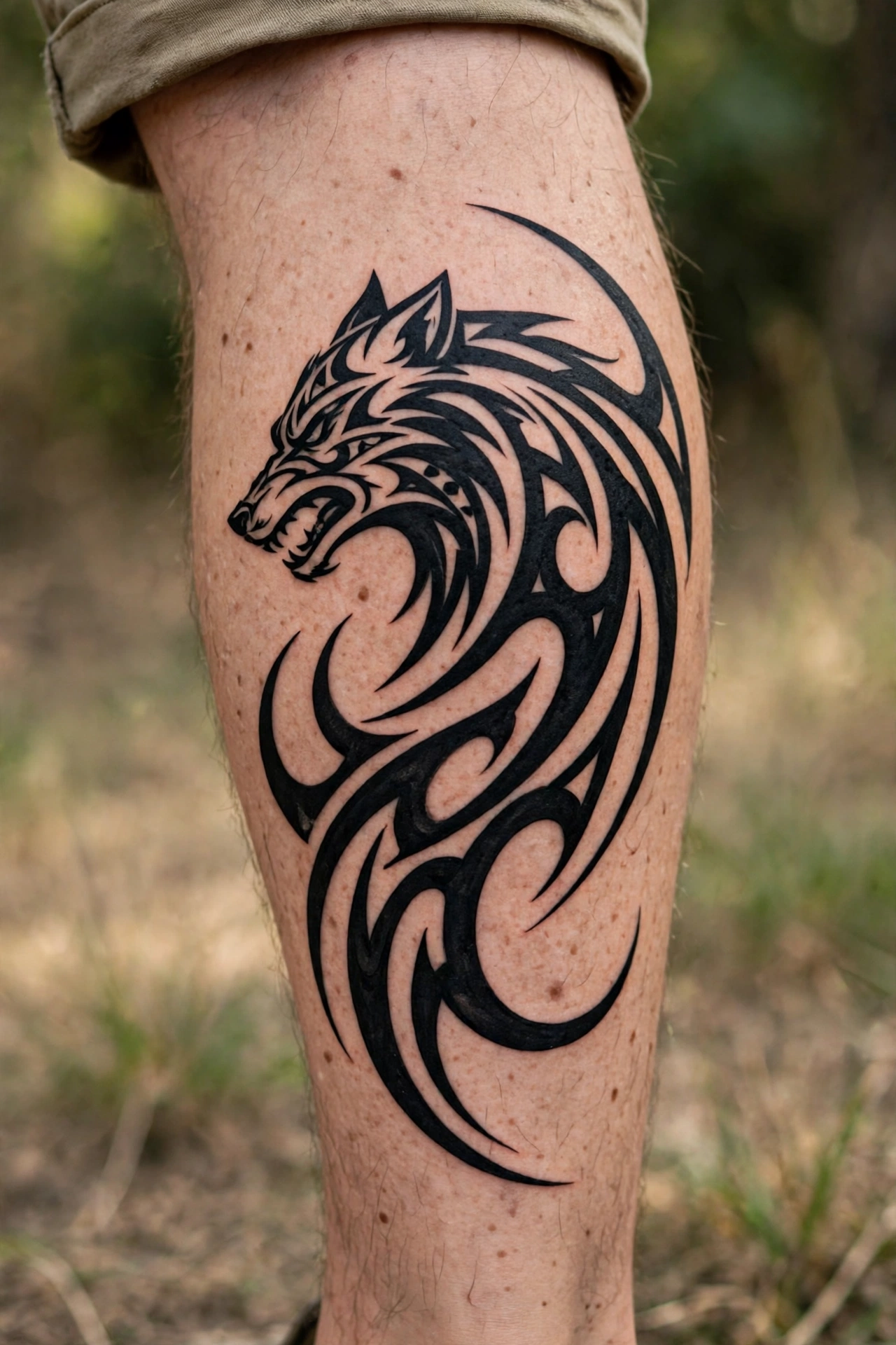 Tribal black wolf tattoo design on a calf