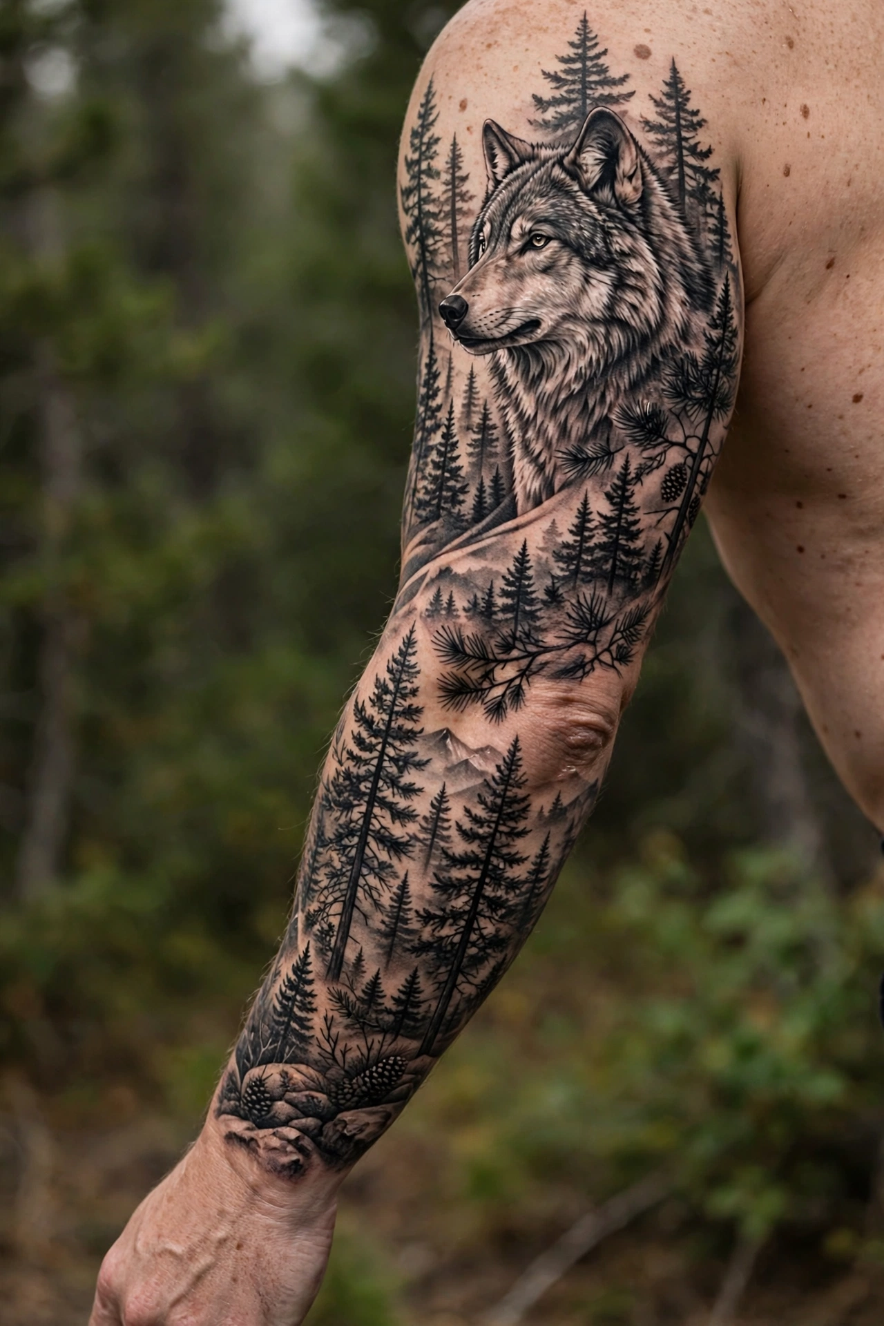 Wolf and pine forest tattoo sleeve on an arm