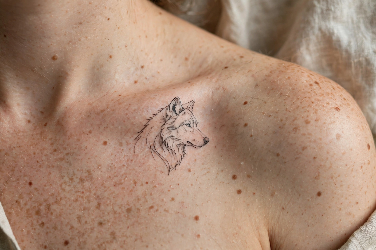 Fine-line wolf head tattoo on a collarbone