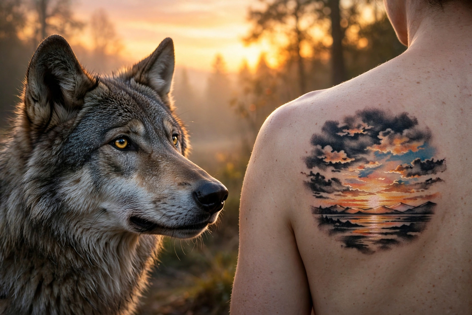Wolf looking toward a dawn sky tattoo on a shoulder blade