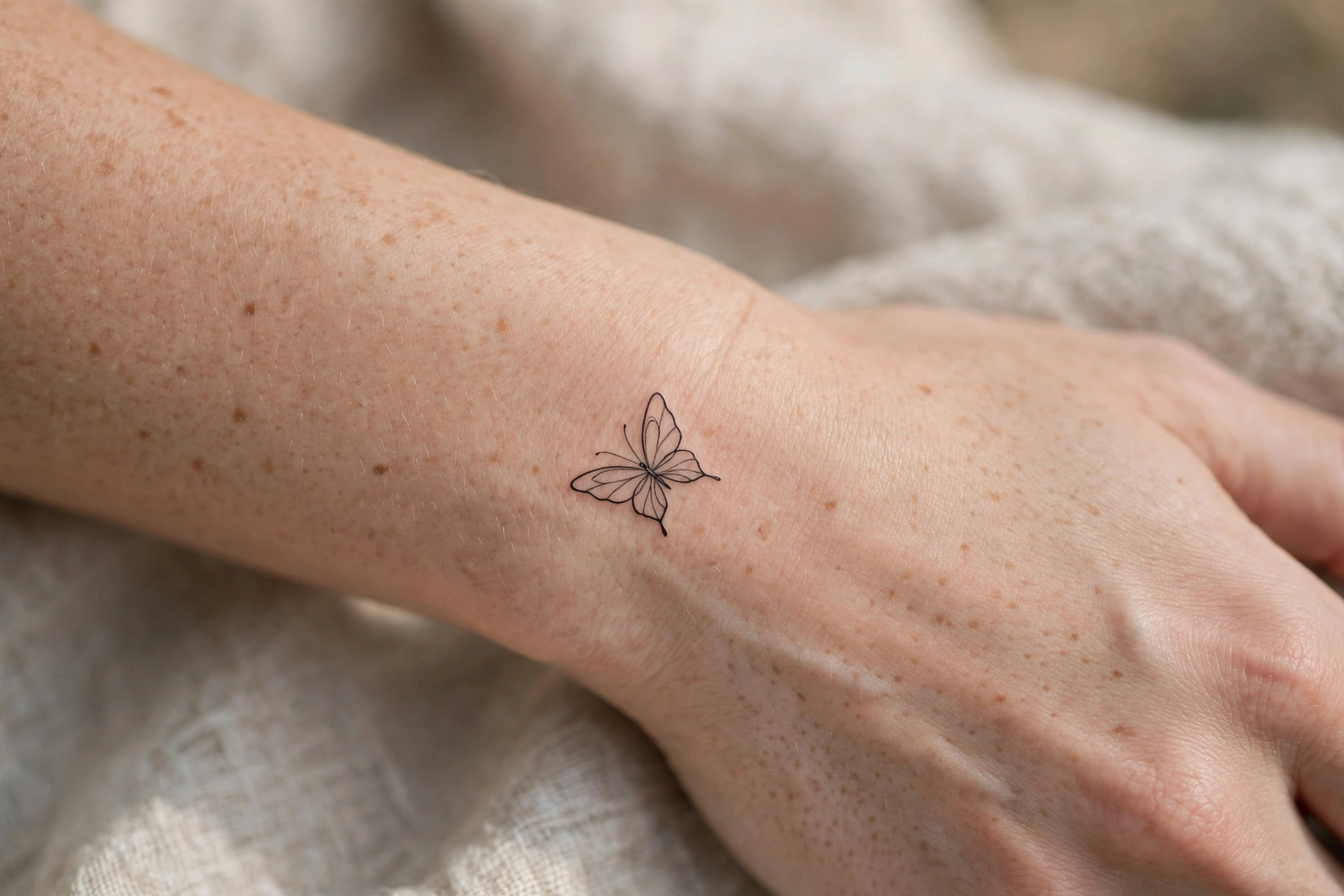 Delicate fine-line butterfly tattoo on a wrist