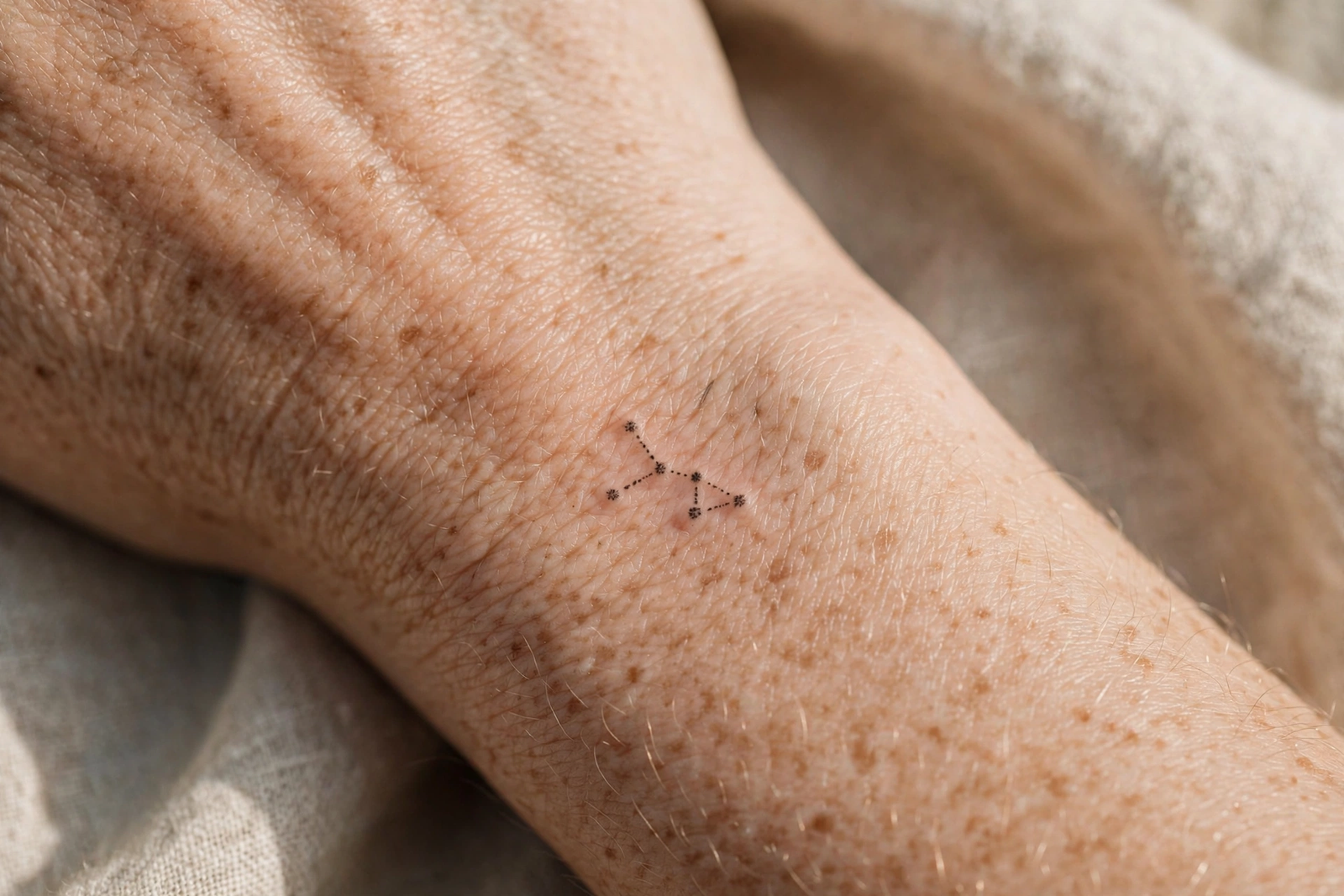Tiny constellation dotwork tattoo on a wrist