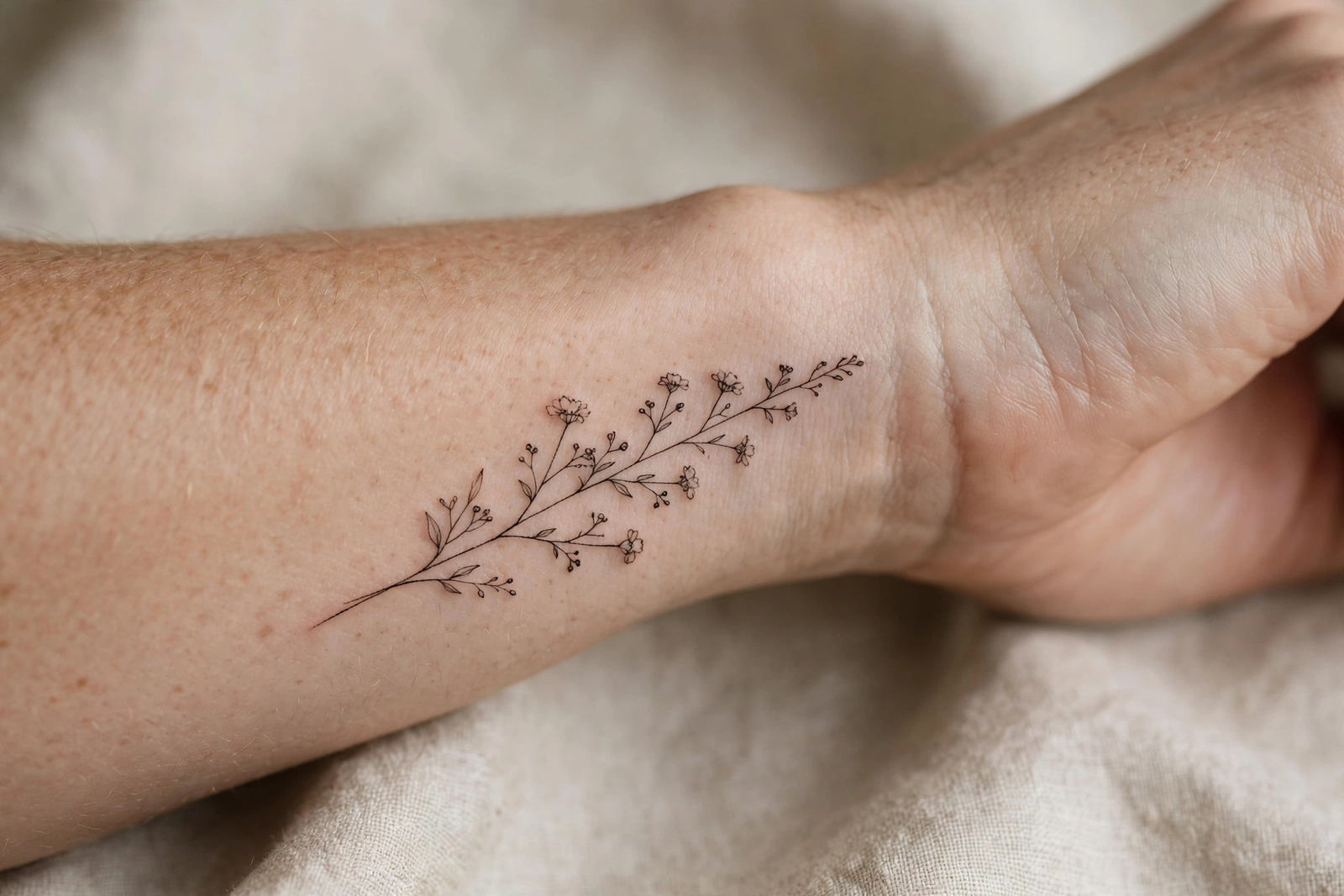 Delicate wildflower sprig tattoo along the wrist