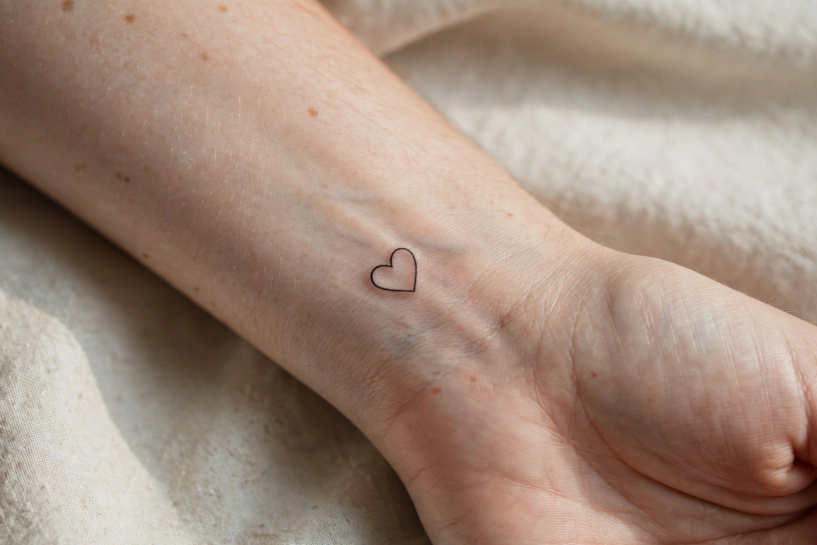 Tiny heart outline tattoo on an inner wrist