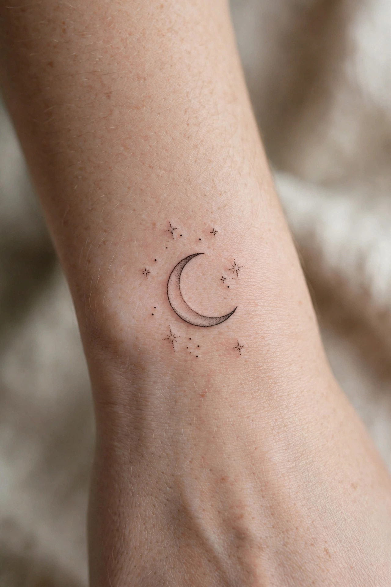 Crescent moon and stars tattoo on the outer wrist