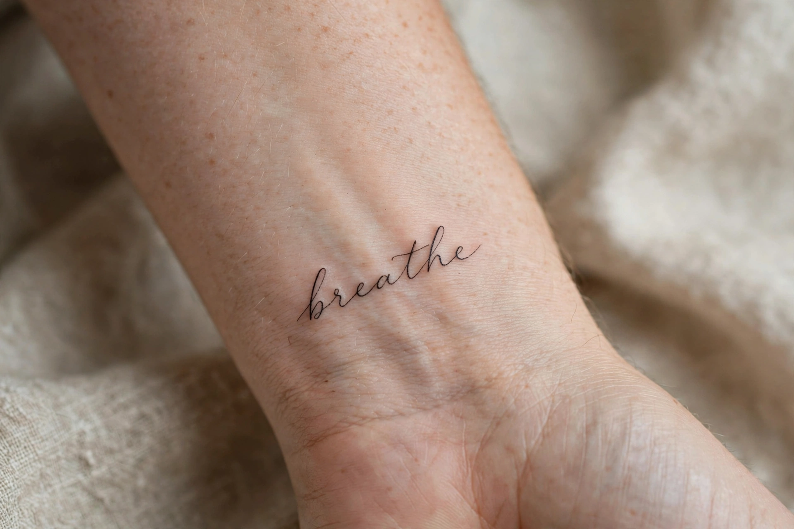 Fine script word tattoo reading breathe on a wrist