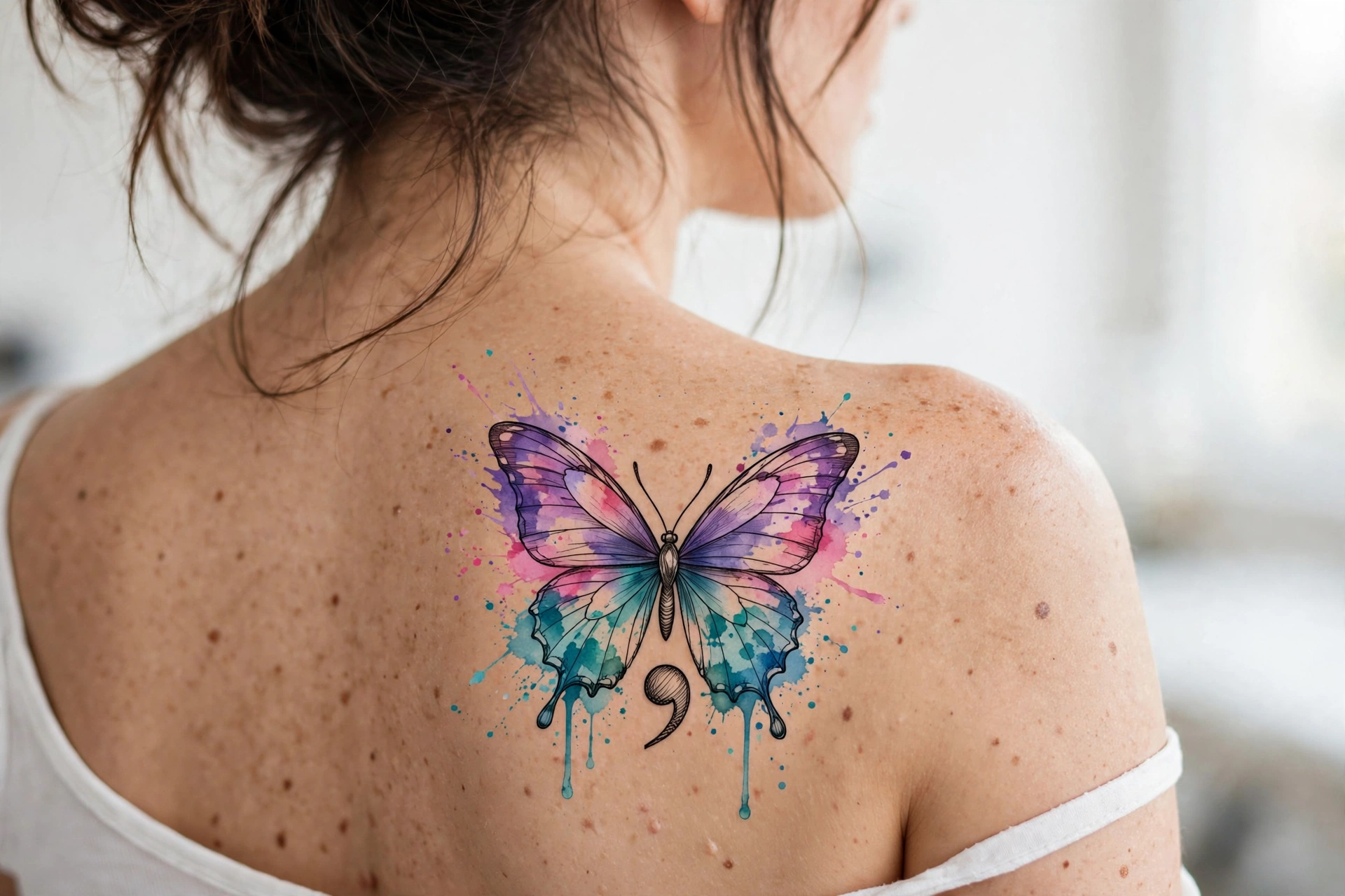 Watercolor semicolon butterfly tattoo on a shoulder blade