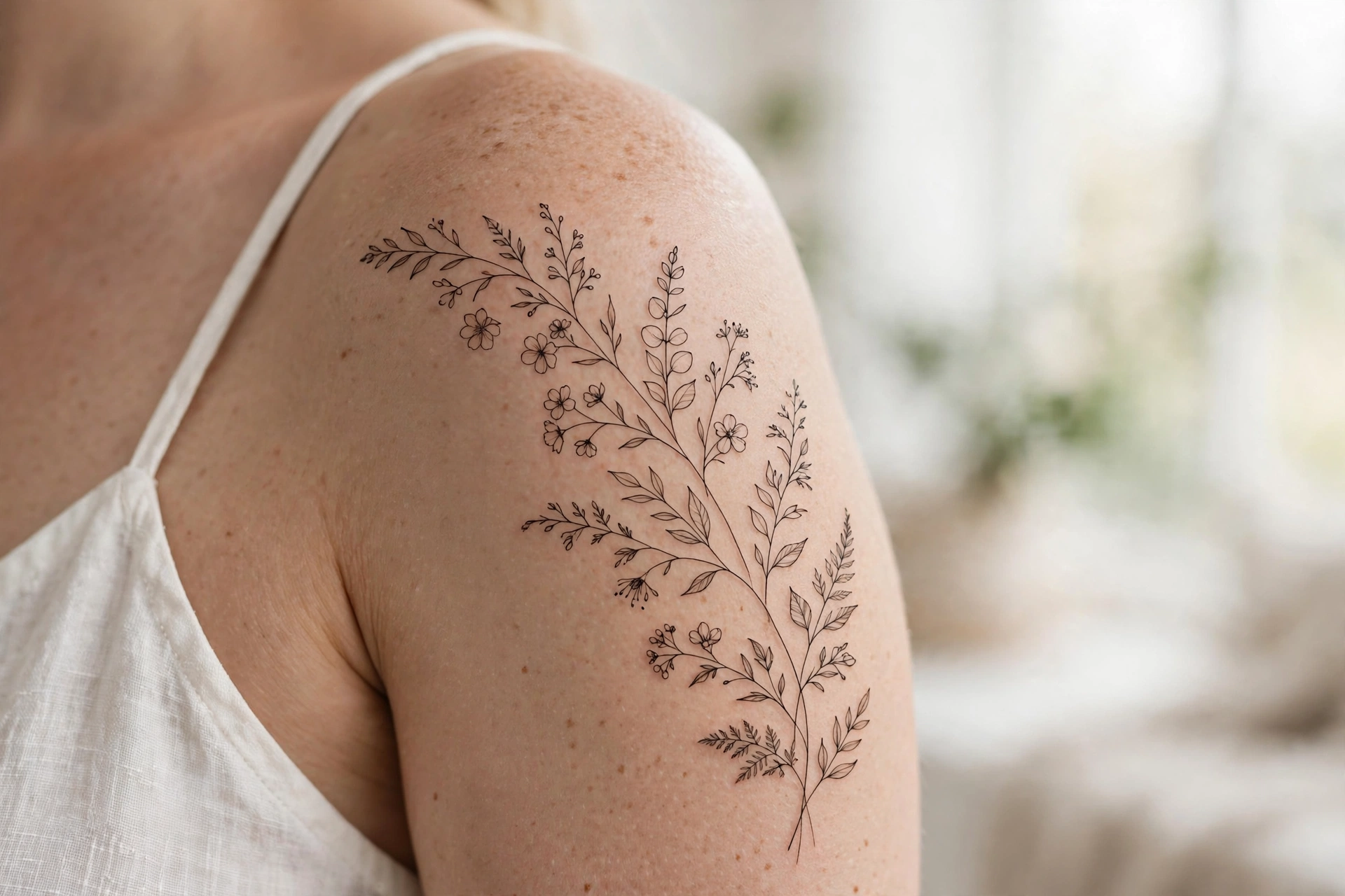 Fine-line floral botanical tattoo on a shoulder
