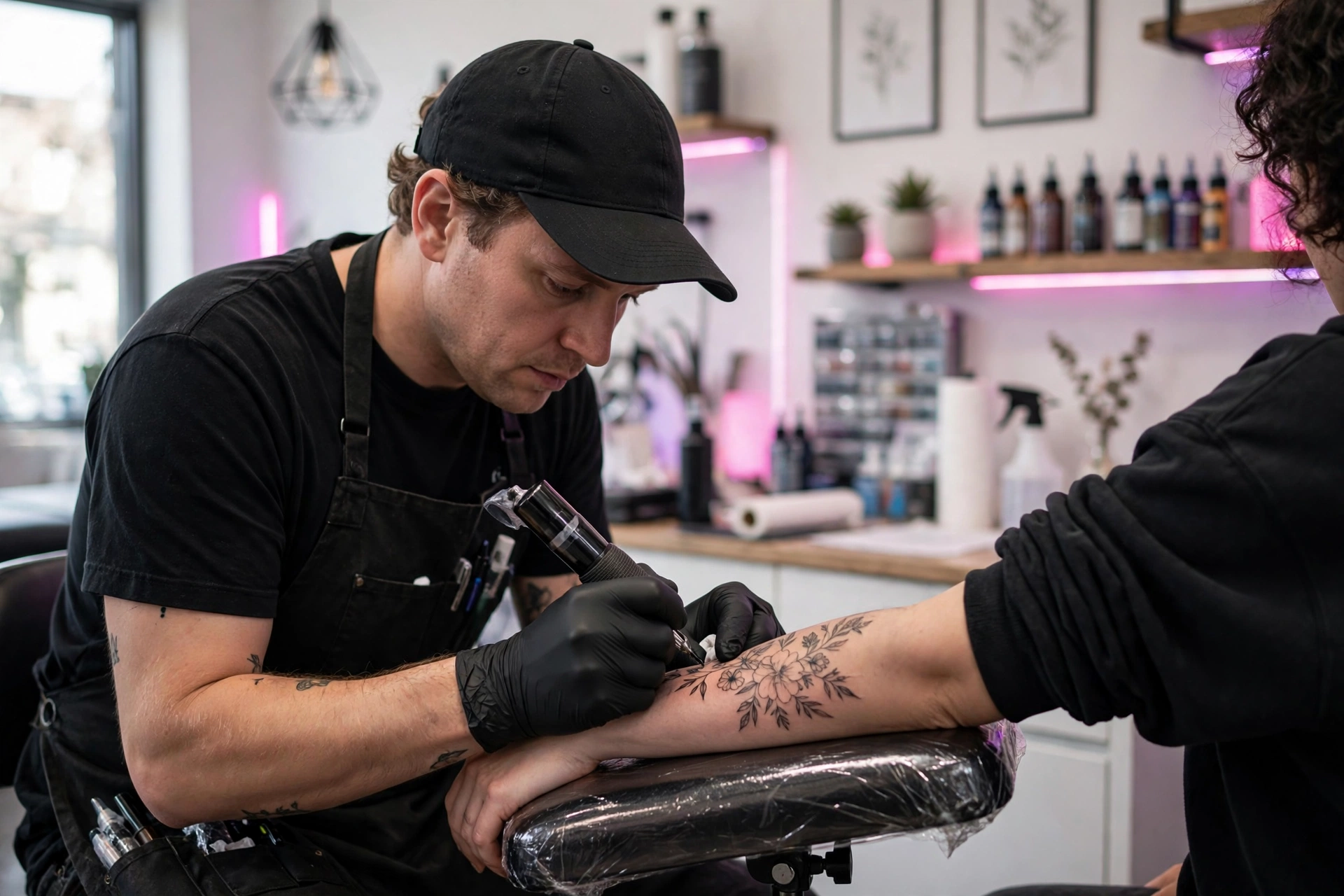 Tattoo artist creating a fine-line floral tattoo in a bright studio